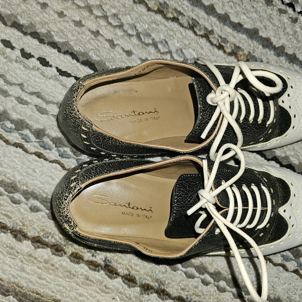 SANTONI Beautiful Black/White Distressed Leather Oxfords 6/36 Pre-owned